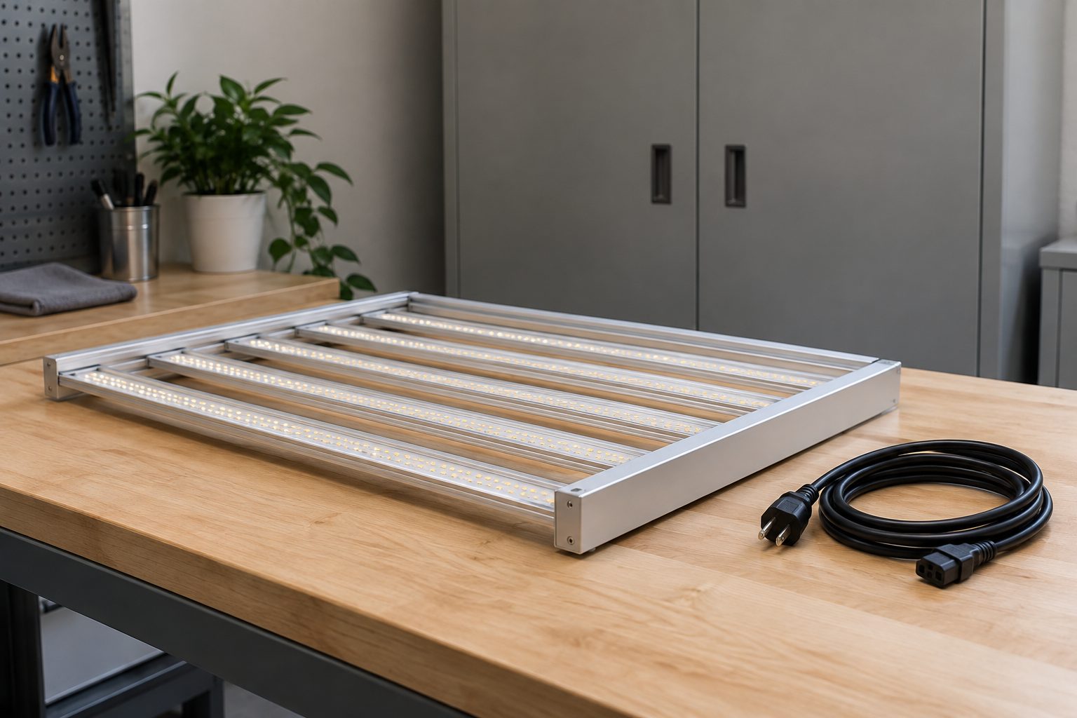 Panel de iluminación LED sobre una mesa de trabajo junto a un cable recogido